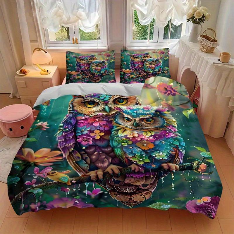 3pcs Animal-themed Floral Owls Soft and Comfortable Breathability, Bedding Set, Machine Washable, Suitable for All Seasons131