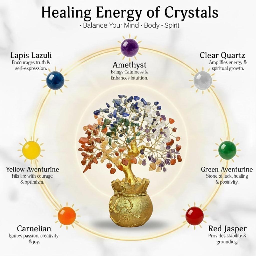 Shui 7 Chakra Crystal Tree with Golden Money Bag Base/Natural Gemstone Decorative Showpiece Bonsai Tree for Home & Office Décor