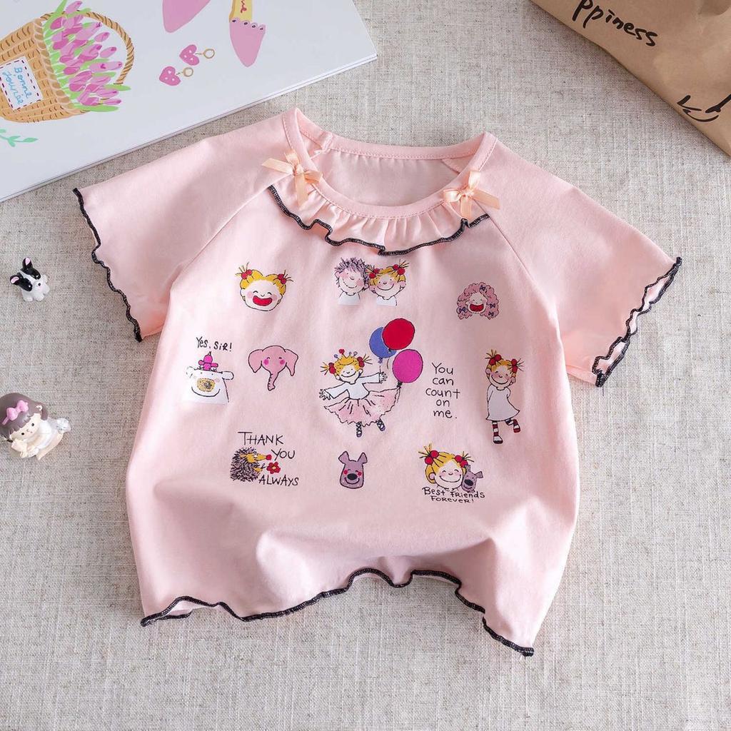 Футболка с короткими рукавами для девочек, летняя новая коллекция, детский кружевной топ с круглым вырезом и милым принтом в виде банта