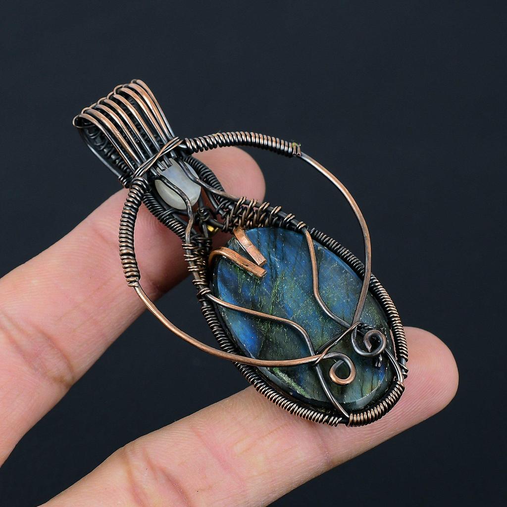 Labradorite & Moonstone Gemstone Handmade Pure Copper Wire Wrap Pendant For Women