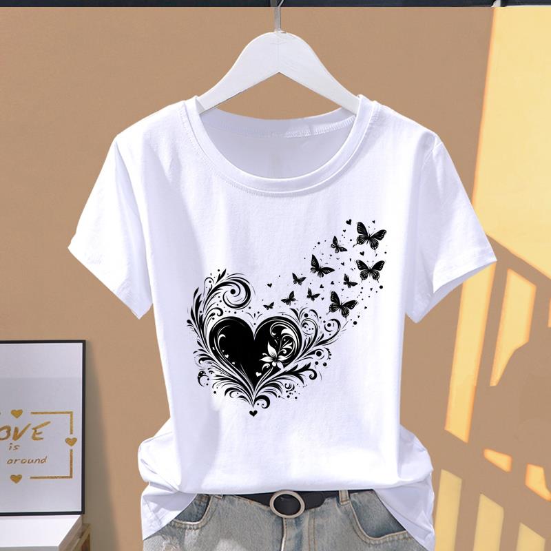 (Asian Size) Women's Top 90s Trend Butterfly Cute Short Sleeve T-shirts Fashion T Clothing Print Female Casual Graphic Tee