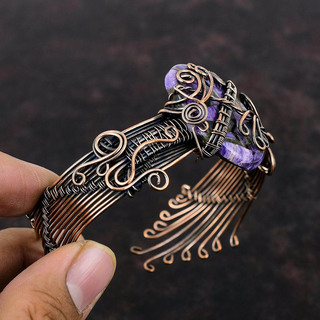 Медный браслет из чароита, браслет-манжета из настоящего драгоценного камня, браслет из медной проволоки, регулируемый браслет, медные украшения для подарка, браслет ручной работы