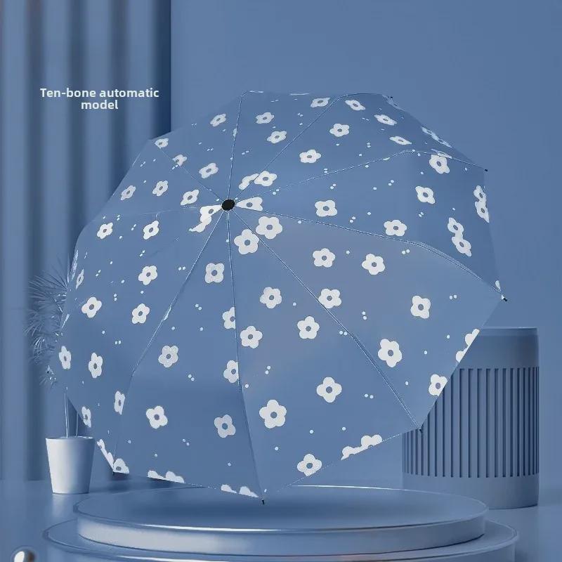 Автоматический женский зонт-цветок двойного назначения: Защита от ветра/дождя и УФ-излучения с тройным складыванием на черном клее.
