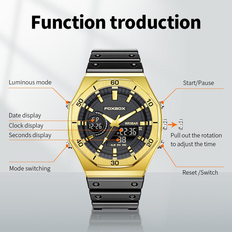 FOXBOX Fashion Men's Quartz Watch Comfort Silicone Sports Strap Military Man Watch Dual Display Waterproof Date Digital Watches