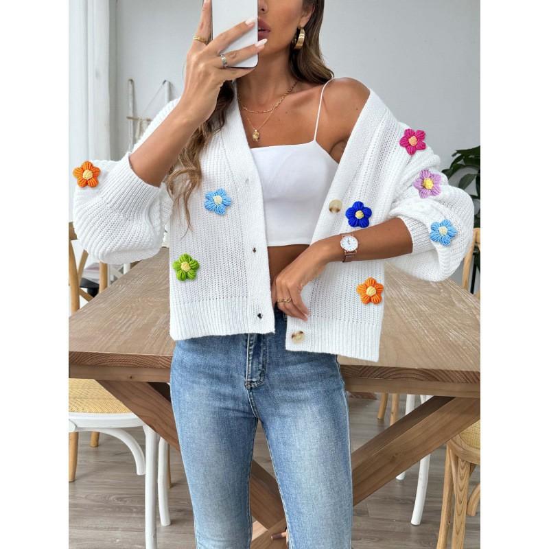 Womens Knit Cardigan With Crochet Flower Applique V-Neck Short Length Button Front Sweater