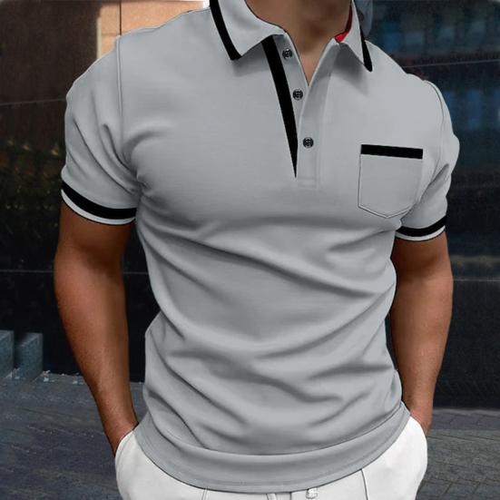 Мужская летняя рубашка с отложным воротником и пуговицами с коротким рукавом контрастного цвета, накладной карман, дышащий пуловер, приталенный повседневный повседневный топ средней длины