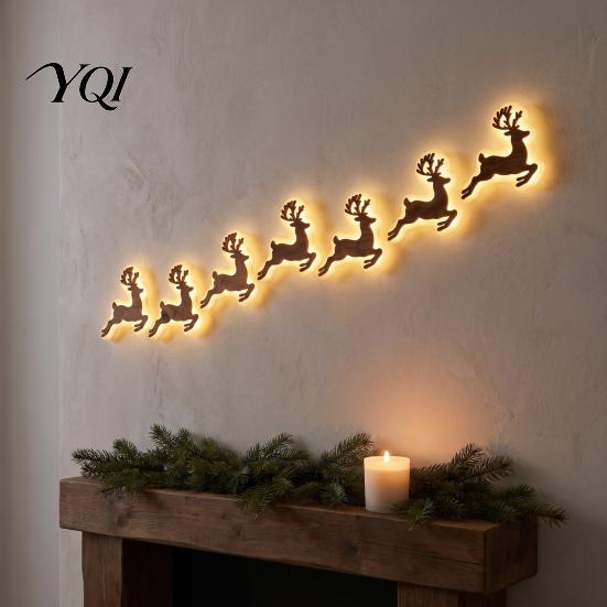 Holiday LED Wall Decorations 7Pcs Christmas Glowing Wooden Silhouette Lights, Xmas Decor, Reindeer Gift for Family Santa Tree Gingerbread Snowflake