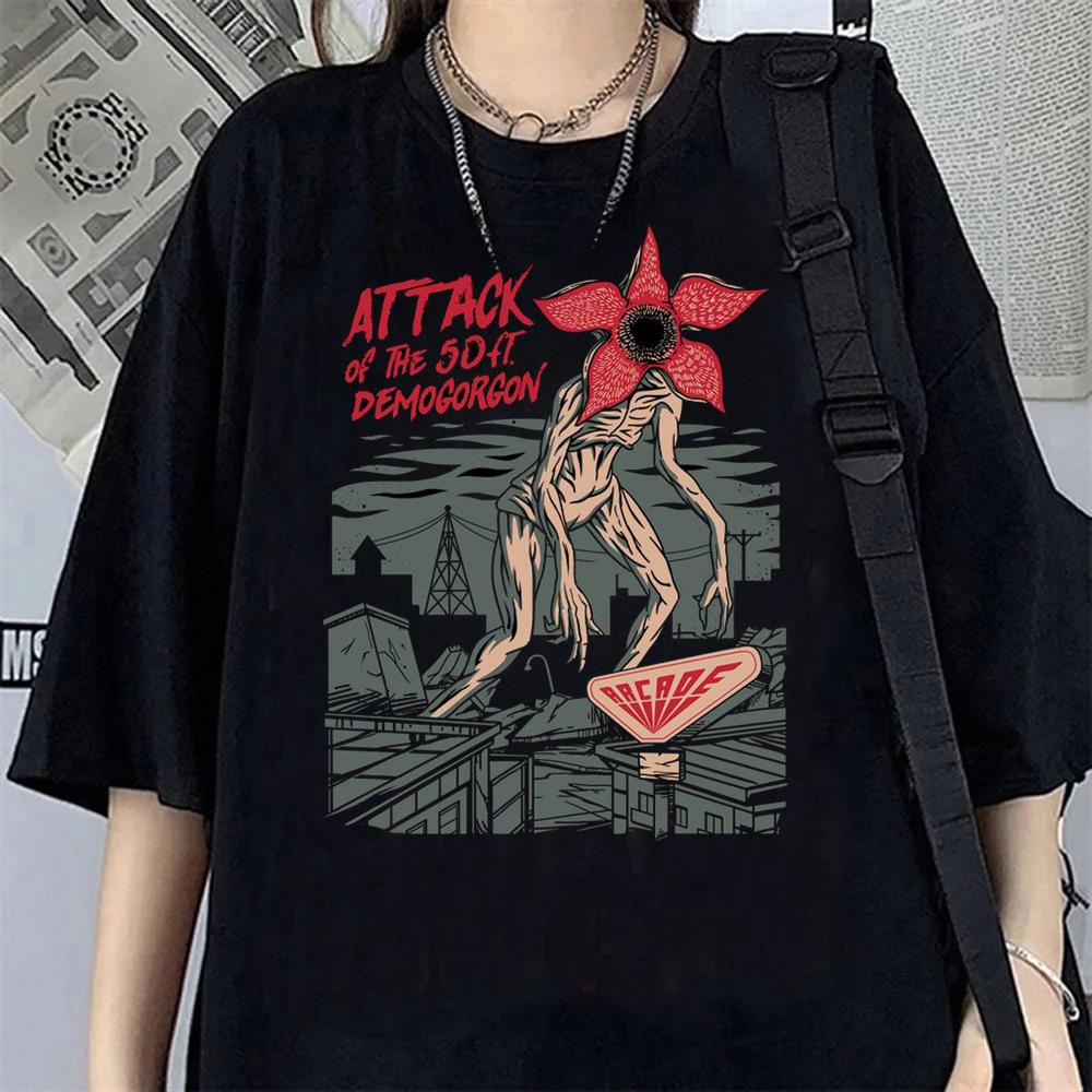 Hawkins Demogorgon Tshirt Anime Black T Shirt Cartoon Short Sleeve Harajuku Tshirt Women Unisex