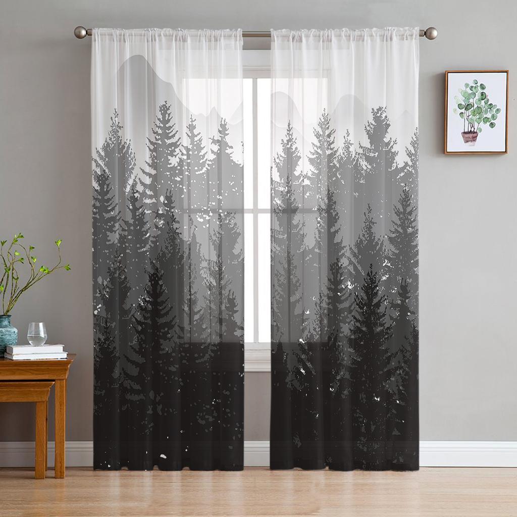 Arbor Tree Lake Landscape Sheer Voile Curtain For Living Room Transparent Tulle Window Curtains For Bedroom Accessories Decor