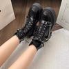 Черные женские ботильоны на платформе, увеличивающие рост, весенне-осенние, короткие туфли в стиле панк, с круглым носком и шнуровкой, ботильоны на распродаже