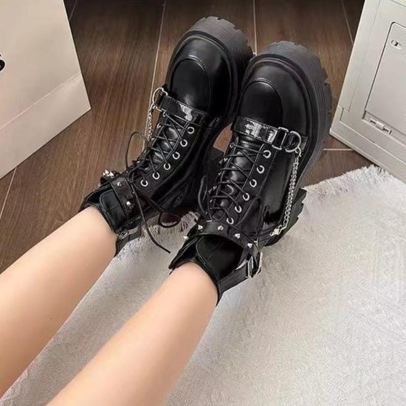 Черные женские ботильоны на платформе, увеличивающие рост, весенне-осенние, короткие туфли в стиле панк, с круглым носком и шнуровкой, ботильоны на распродаже