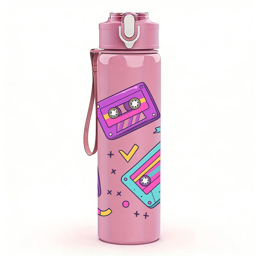 1PC Colorful Tape Cassette 750ml Color Plastic Sports Water Bottle Leakproof Flip Straw Lid Suitable for Sports Office Home Use