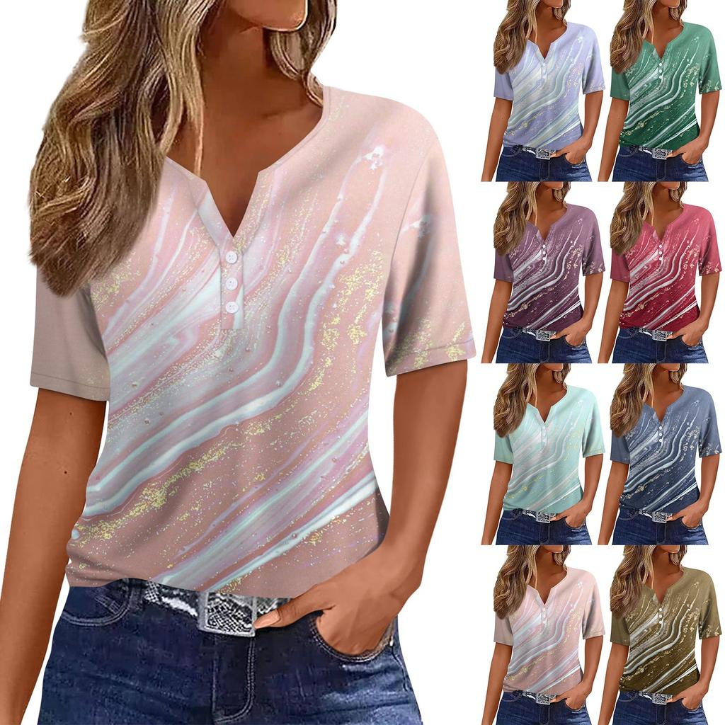 Women's Fashion Casual T-Shirt V-Neck Short Sleeve Gradient Printed Button Top
