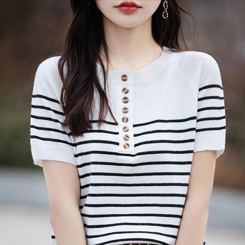 Женская вязаная футболка MODERN NEW SAGA, летняя вязаная рубашка, полосатые футболки с короткими рукавами, пуловер с круглым вырезом, вязаные топы