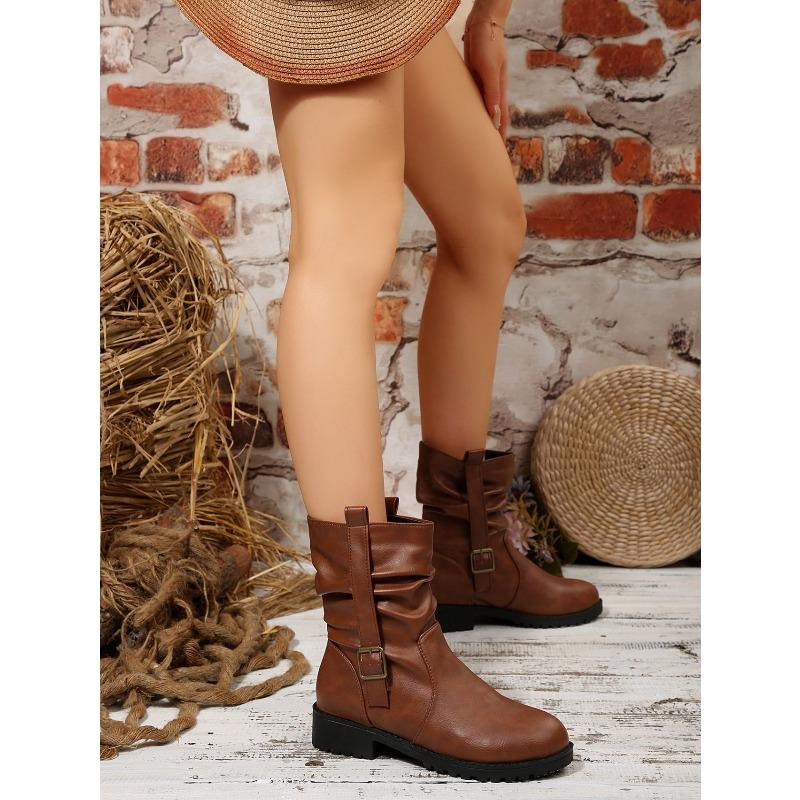 Круглая пряжка-ремень для скальпа, плиссированные ботинки-чулки, зима 2025, новые, ретро, больших размеров, в британском стиле, на толстом каблуке, ботинки-мартенсы для женщин