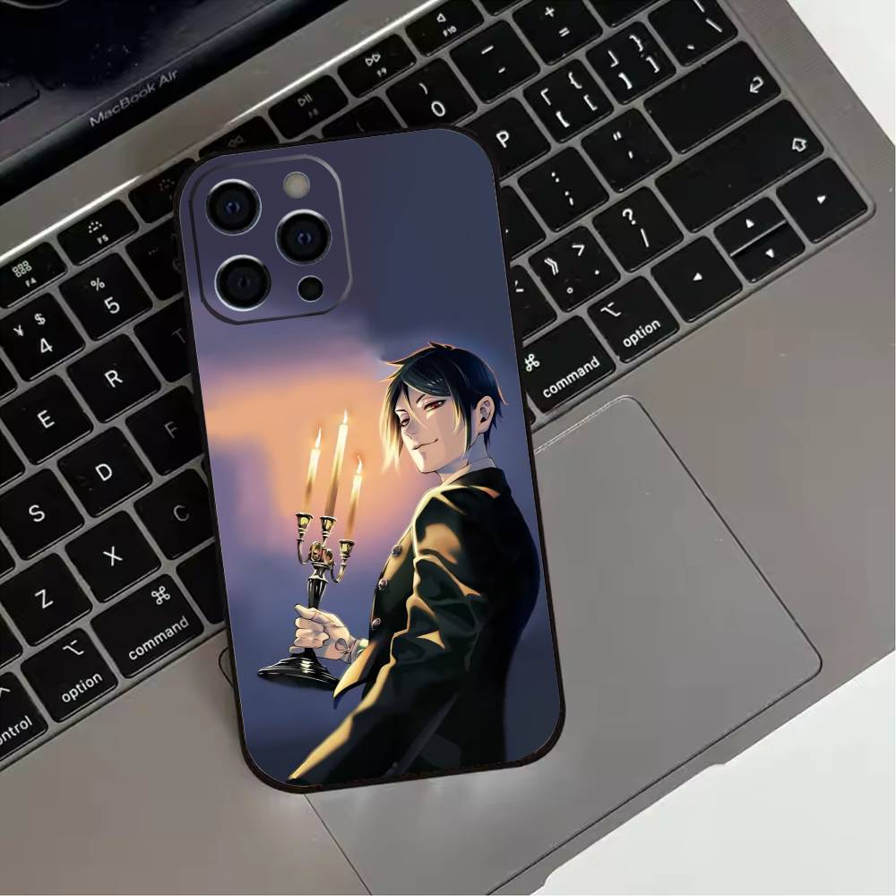 Черный чехол для телефона B-ButlerS (Аниме) для iPhone 17,16,15,14,13,12,11 Plus,Pro Max,XS, Мягкий силиконовый черный чехол