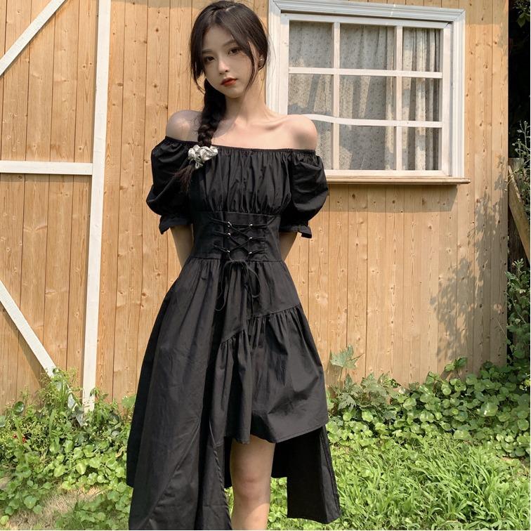 New women's clothing French medium and long straps waist thin short sleeves irregular dress niche fried street summer