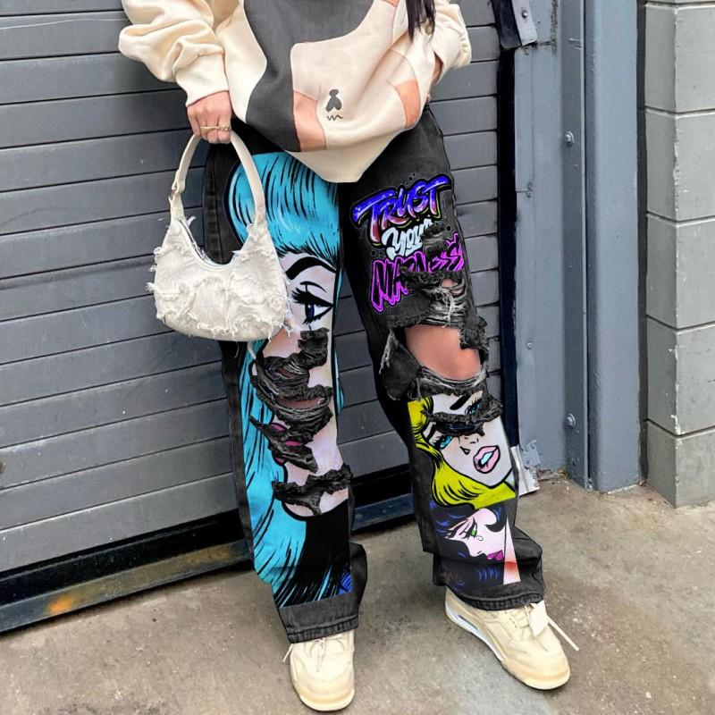 High Street Style Printed Baggy Wide Leg Jeans Hip Hop Cartoon Graphic Denim Trousers Streetwear