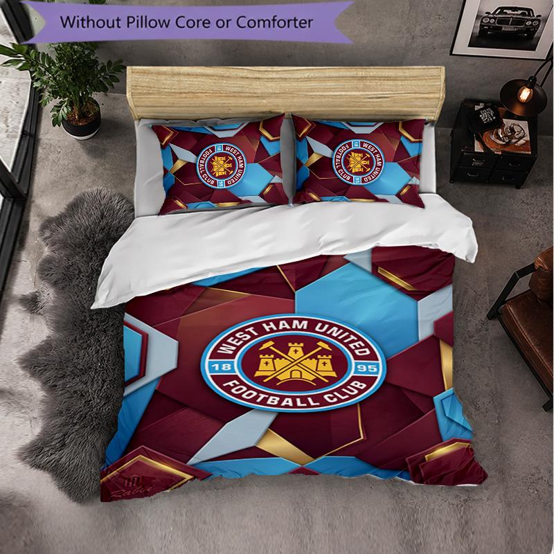 West Ham United Football 3 Piece Bedding Set Soft Duvet Cover Set with Pillowcases Printed Bedroom Decor Set for Home