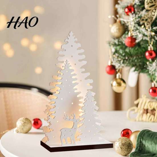 Decorative Wooden Hollow Sculptures LED Christmas Tree Tabletop Decor, Glowing Light Up Eve Party Decorations Ornaments for Holiday And Festive