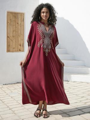 Вино-красный женский кафтан с вышивкой, длинное платье, наряд, мягкая пляжная одежда в стиле бохо для отдыха, одежда для отдыха, платье Moo Moo Q1654