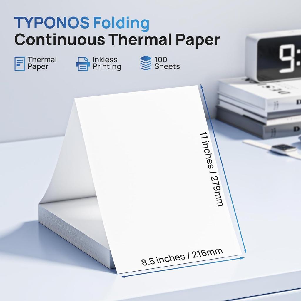 D820 Thermal Printer Paper 8.5 x 11 Inch, Continuous Folding Thermal Paper, US Letter Size printing paper Compatible with D820 Portable Printer, 100