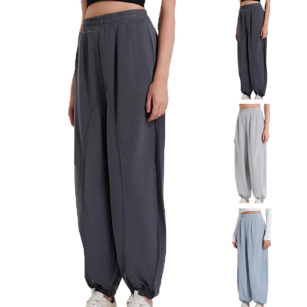 Women Elastic High Waist Pant Casual Active Fit Wide Leg Long Pants Trousers With Pockets