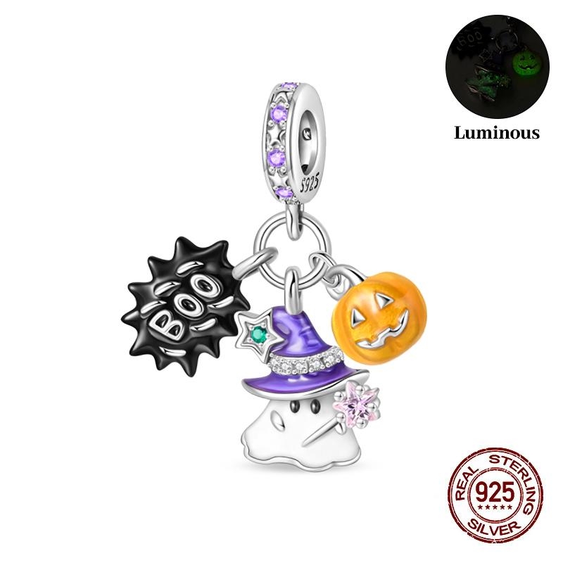 Halloween Charms Bead Copper Luminous Pumpkin Ghost Dangle Fit Bangle Bracelet Necklace Diy Jewelry
