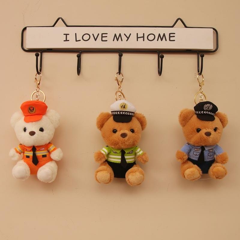 Adorable Plush Teddy Bear Keychain Soft Pp Cotton Stuffed Toy Police Firefighter