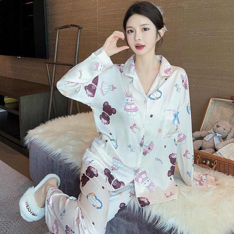 Весна и осень, новые женские пижамы из ледяного шелка, домашний костюм для девочек, пижамы для пожилых людей с рисунком, милый домашний костюм с длинными рукавами