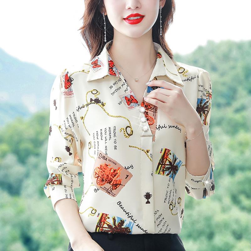 Шифоновая рубашка для женщин, осень, новая рубашка с длинными рукавами, прикрывающая живот, рубашка для мам среднего возраста