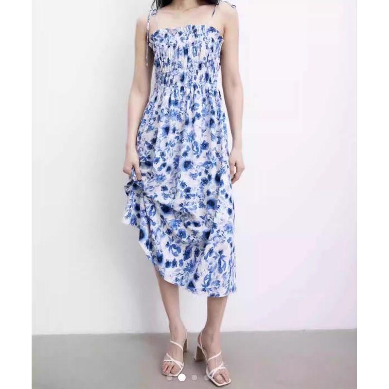 Foreign Trade Order H Home Summer New Fashion Exquisite Print Waist Hugging Slimming Elegant Vacation Cotton Stretch Dress