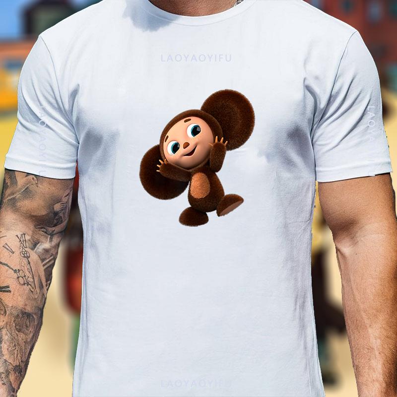 Cute Cheburashka Monkey T Shirt Unisex Russian Cartoon Cyrillic Text Art Print Cotton Animation Lover Outdoor Casual Tee
