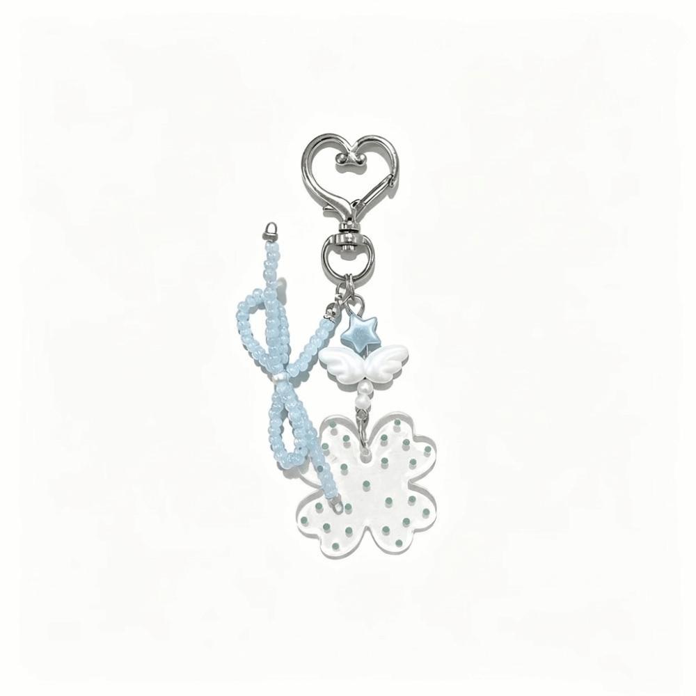 Heart Shape Four Leaf Clover Keychain Beaded Bow Heart Pendant Aesthetic Bag Charm Purse Decor