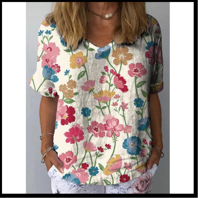 Весна и лето Новая женская футболка свободного покроя с 3D-цифровым принтом и покатым вырезом