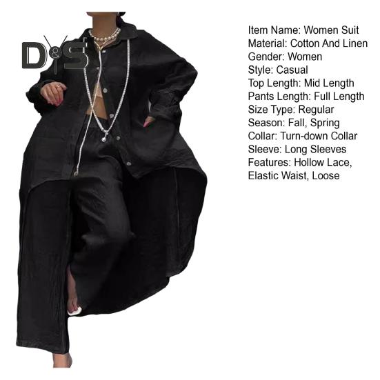 2 Pcs/Set Fall Spring Women Shirt Pants Set Long Sleeves Lapel Lace Cuff Button-down Irregular Hem Blouse Elastic Waist Trousers OL Commuting Sport