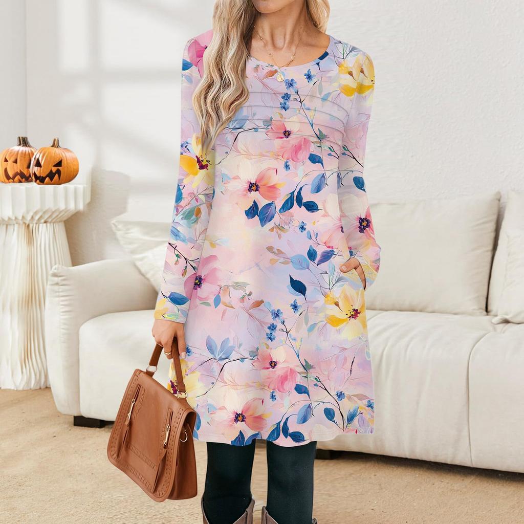 Женские повседневные модные платья с длинным рукавом, с графическим принтом, винтажные, с карманами