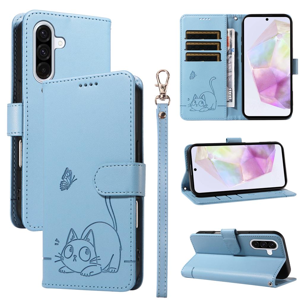 For Samsung Galaxy A36 5G Case Cat Pattern Imprint Leather Phone Cover with Wrist Strap