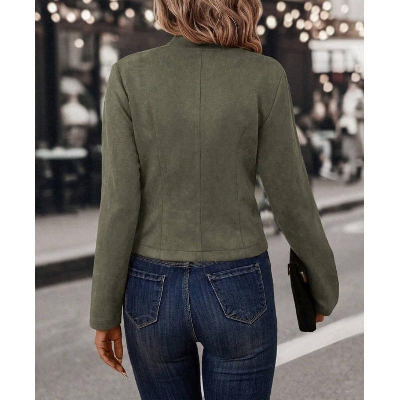 Осенняя женская однотонная двубортная декоративная куртка из оленьей кожи с длинными рукавами в винтажном стиле