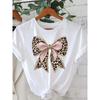 Женская футболка с леопардовым принтом и бантом, европейский размер - Белый топ с розовыми акцентами, Повседневная модная футболка, Модный топ