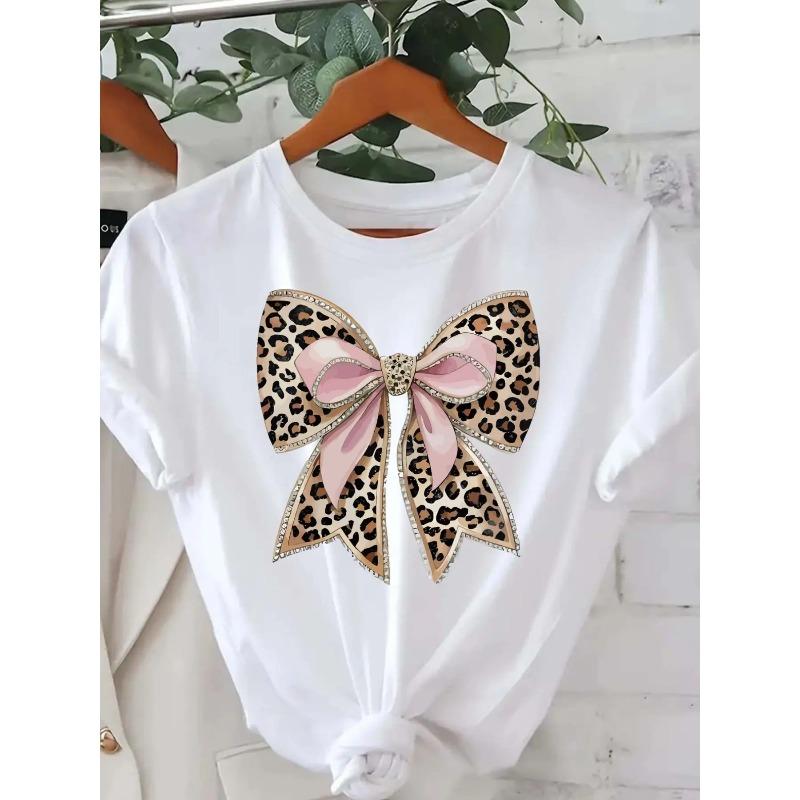 Женская футболка с леопардовым принтом и бантом, европейский размер - Белый топ с розовыми акцентами, Повседневная модная футболка, Модный топ