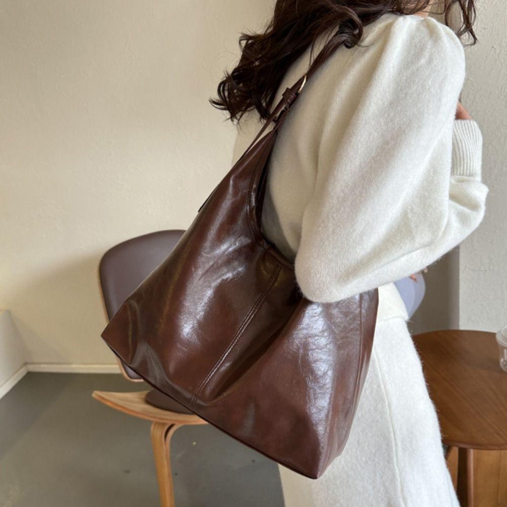 Elegant Soft Leather Tote Bag Solid Color Vintage Underarm Bag Fashion Commuting Shoulder Bag Lady