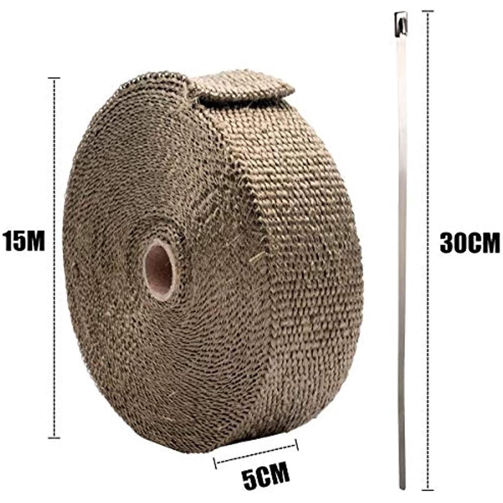 Теплозащитная лента 15 MX, 5 см. Выхлопная лента из базальтового волокна титанового цвета с 10 кабельными стяжками из нержавеющей стали для коллектора. Коллектор с термолентой.
