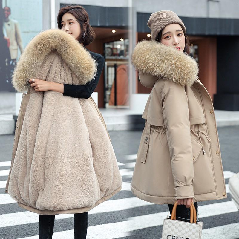 Womens Winter Mid-Length Cotton Puffer Coat With Faux Fur Collar Warm Lined Slim Fit Plus Size Available