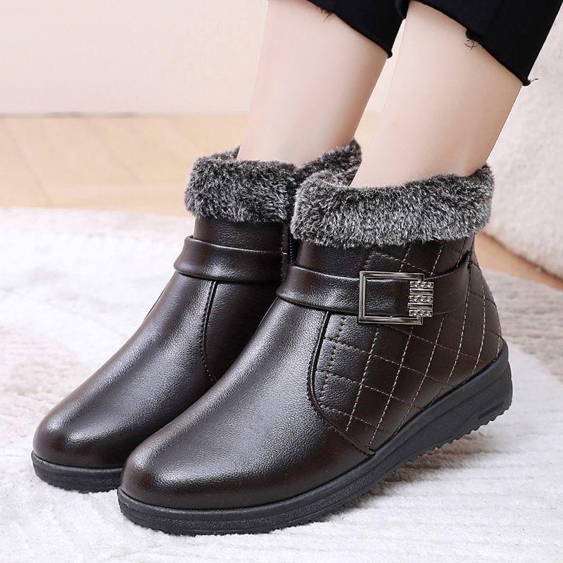 Горячие продажи мягкие кожаные женские водонепроницаемые повседневные нескользящие удобные короткие ботинки средней длины для пожилых женщин из хлопка и плюша