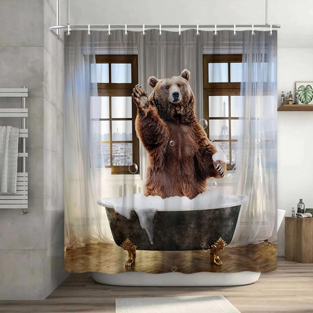 Смешная занавеска для душа Brave Cat Cartoon Душевая занавеска Waves Ocean Decor Ткань Душевая занавеска Set with Hooks Bathroom Decoration