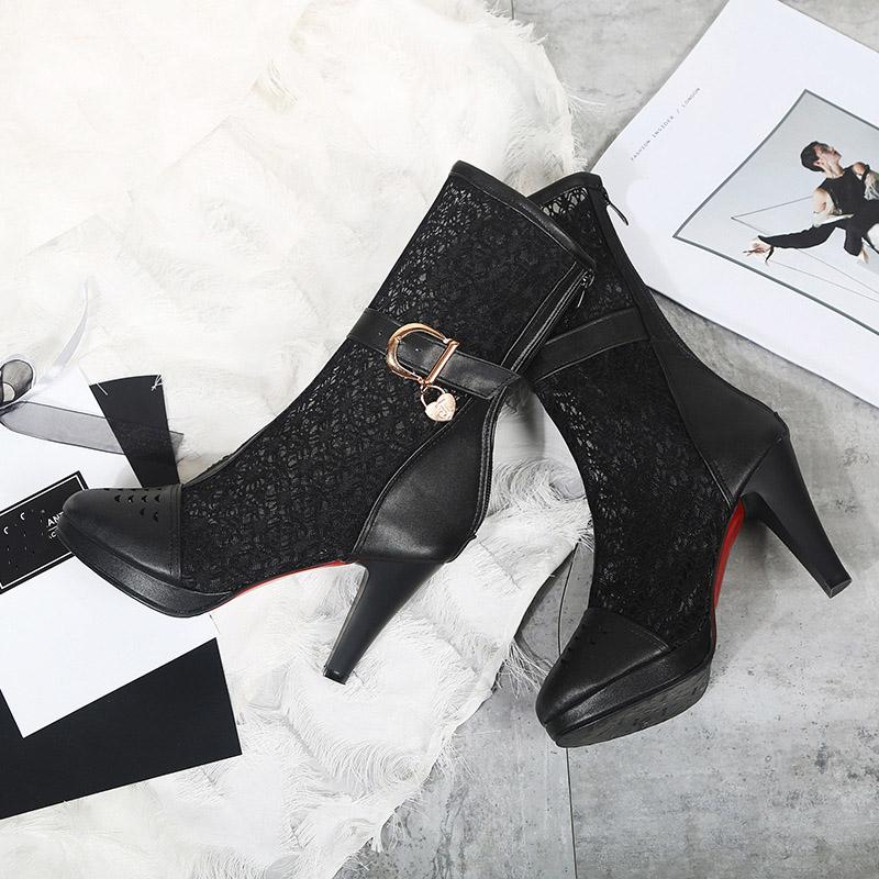 Q/женские короткие сапоги на высоком каблуке, сексуальная водонепроницаемая платформа, большие классные ботинки на тонком каблуке с полыми отверстиями