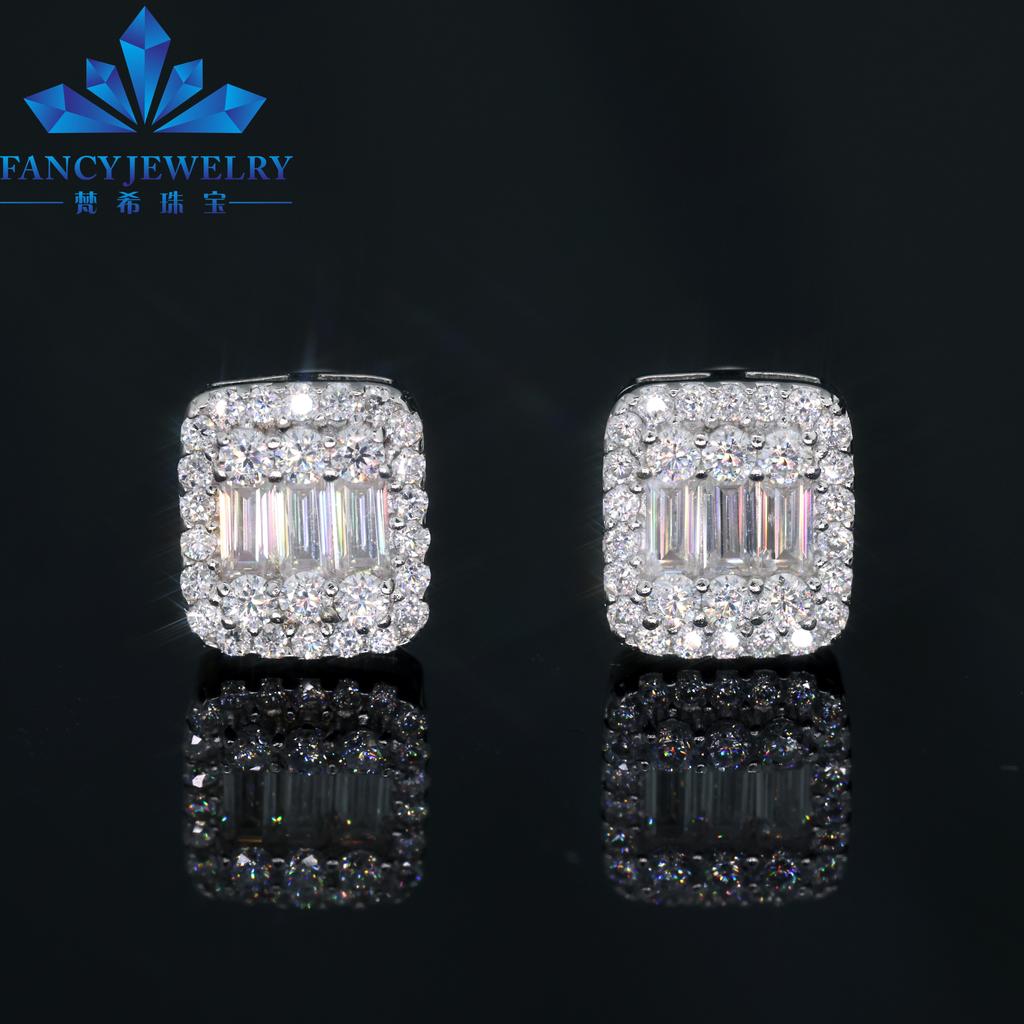 925 Silver Jewelry Mens Iced Out Earrings 14k White Gold Hiphop Screwback Cushion Cluster VVS Moissanite Stud Earrings