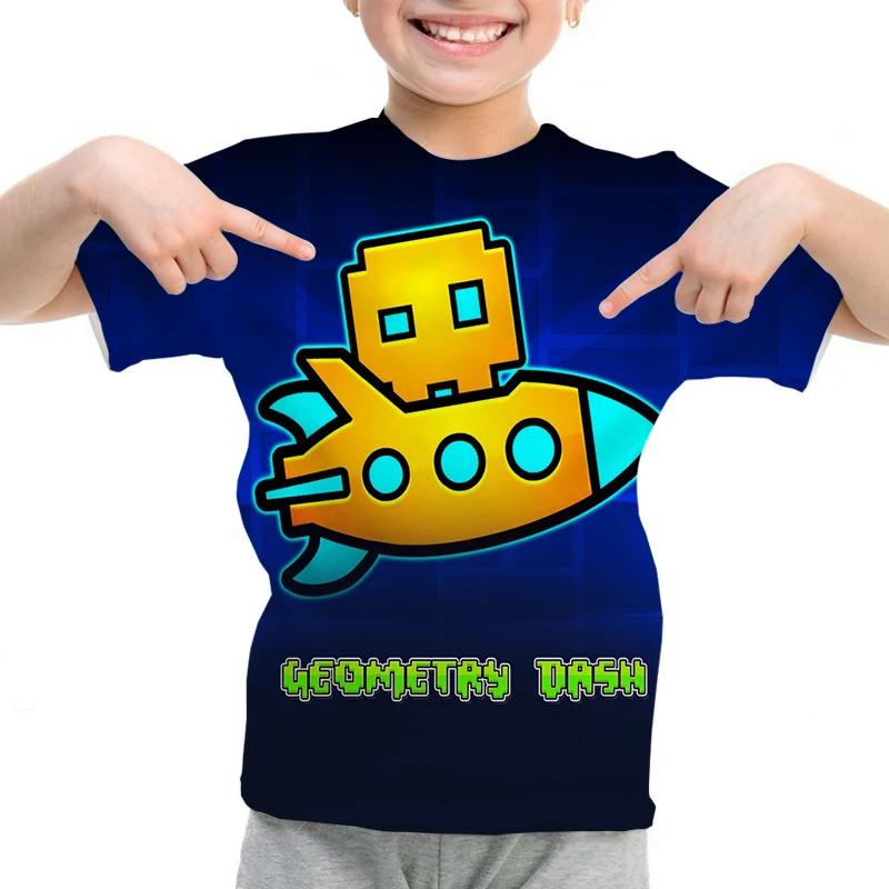 Футболка Game Angry Geometry Dash для мальчиков и девочек с мультяшным принтом 3D, детская летняя повседневная футболка с коротким рукавом, детская одежда