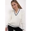 Women's Ecru V-neck Contrast Stripe Detailed Comfortable Fit Thessaloniki Knitwear Sweater 22wk209